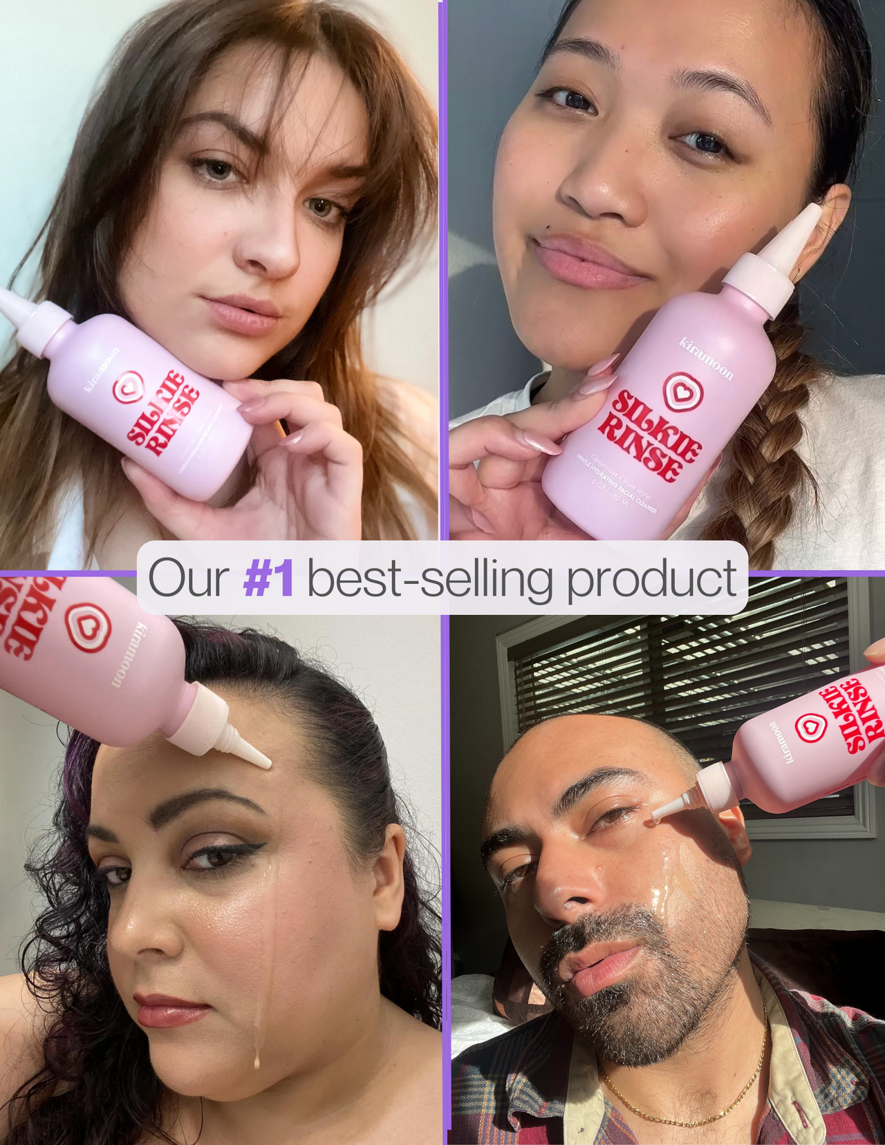 Four people posing with the same beauty product, with text 'Our #1 best-selling product'.